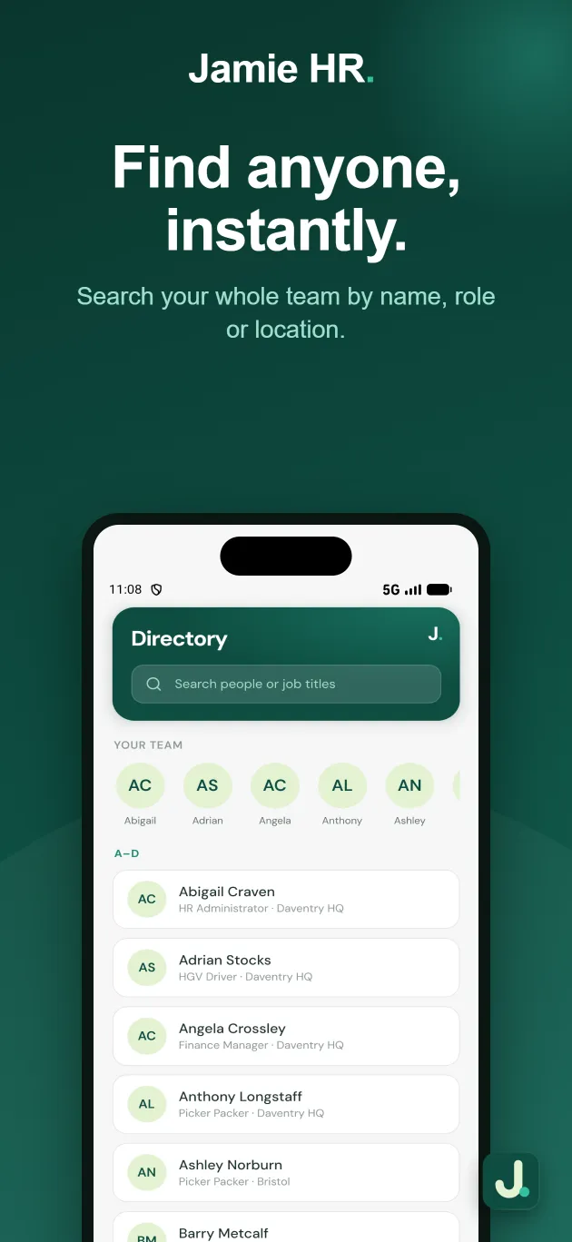 Jamie HR app employee directory screen