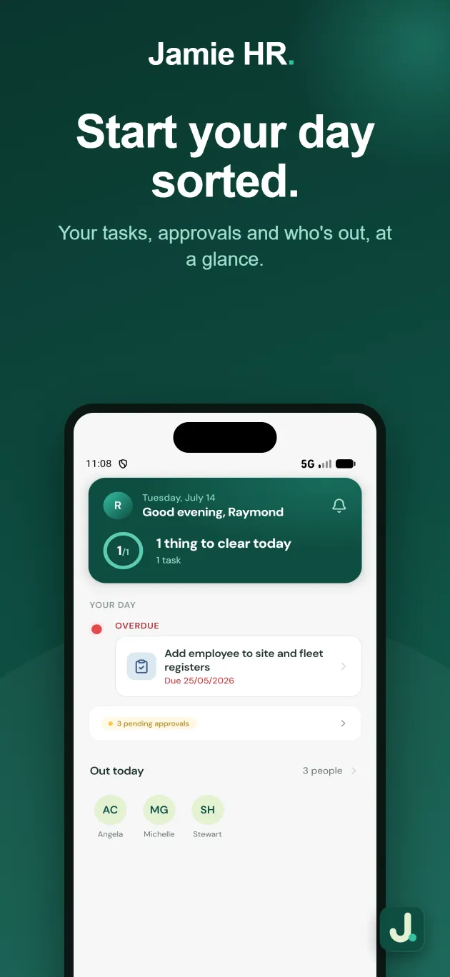 The Jamie HR app's home screen, with the day's tasks and approvals at a glance
