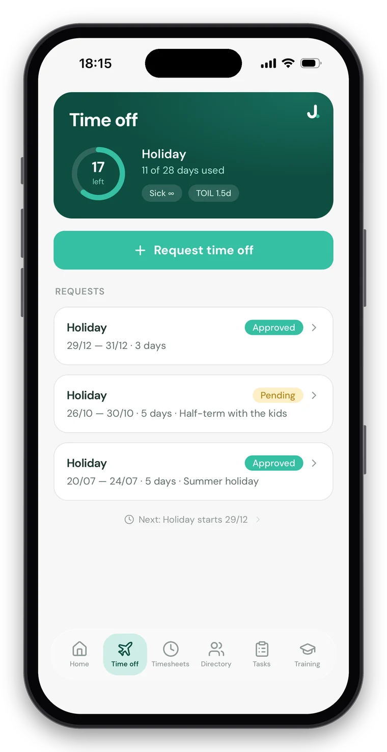 Jamie HR app time off screen