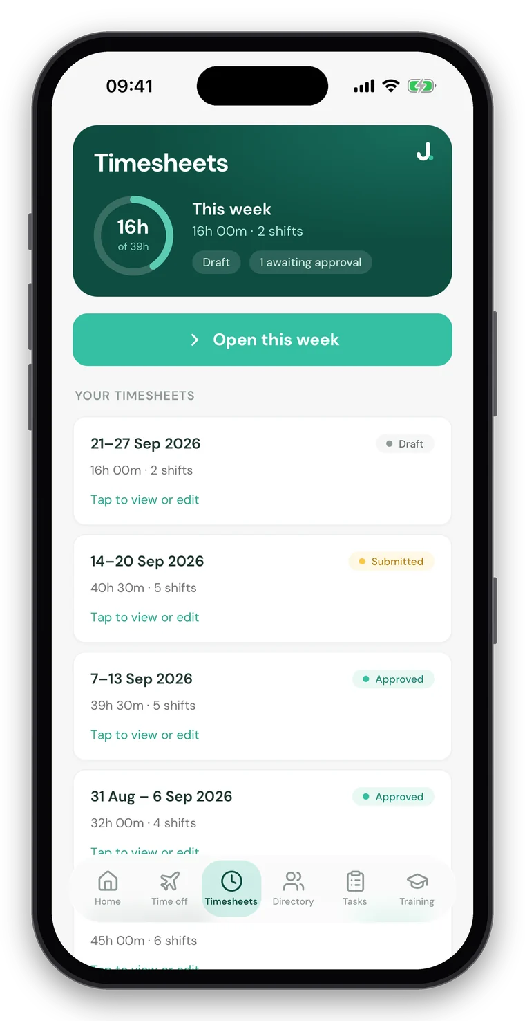 Jamie HR app timesheets screen