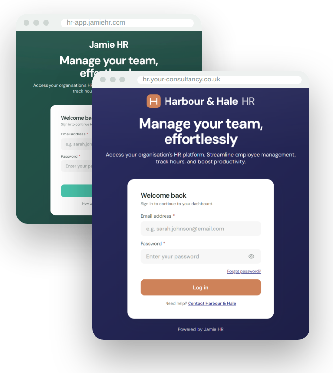 The Jamie HR login page, and the same page white-labelled with an example partner brand