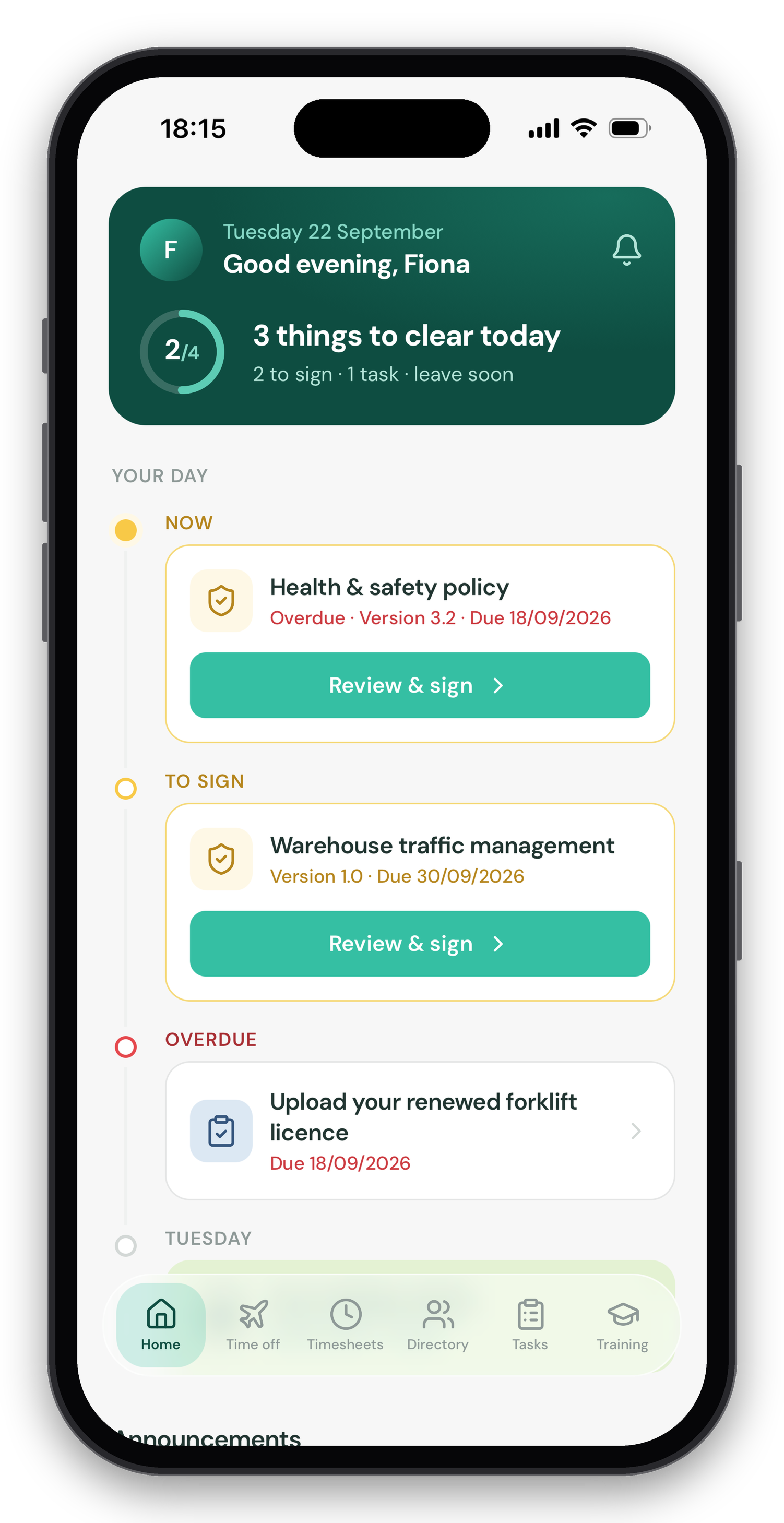 Jamie HR app home screen, three things to clear today, with quick actions underneath