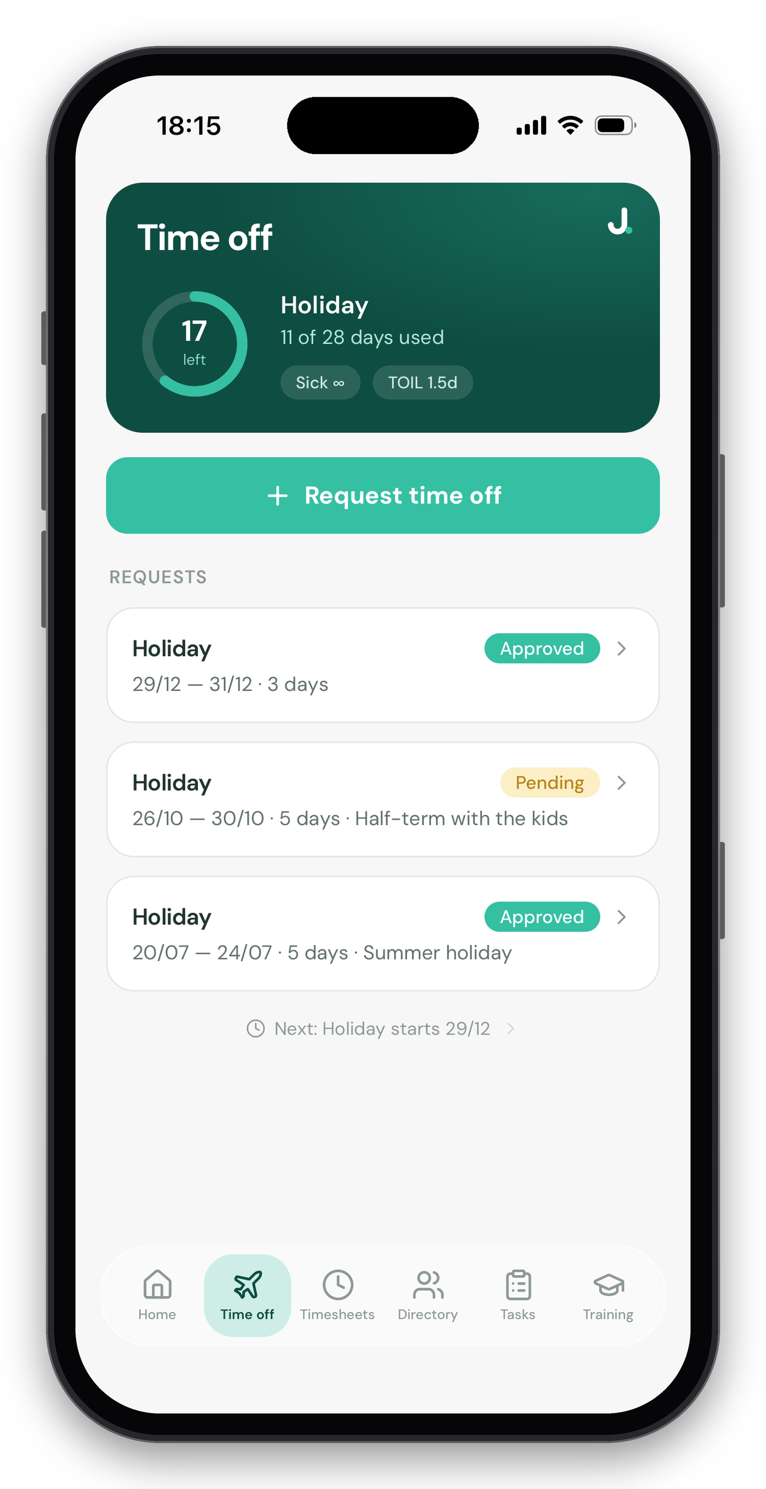Jamie HR app time off screen, 17 days left of 28, with approved and pending requests