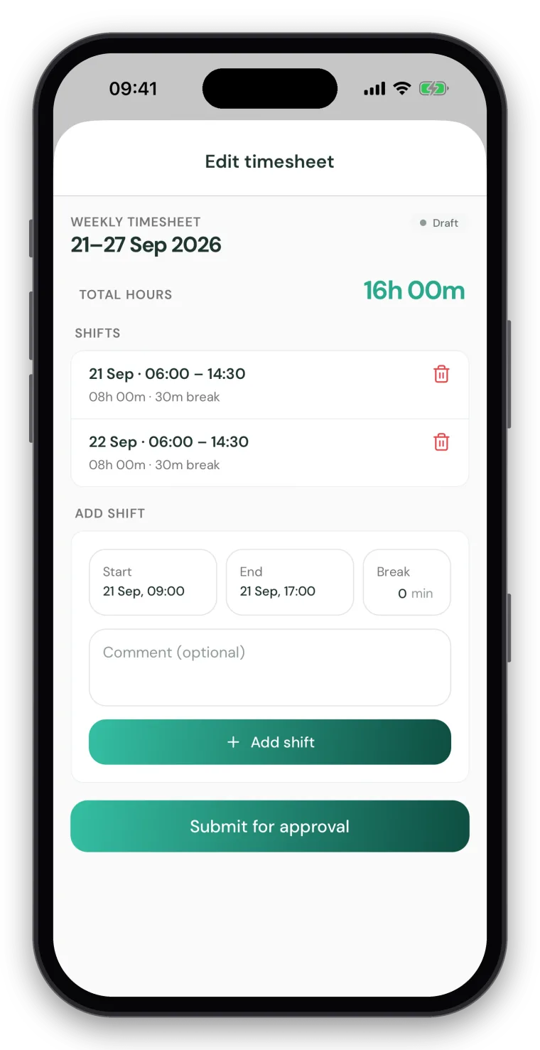 Jamie HR app editing a weekly timesheet, with two shifts logged and a submit for approval button