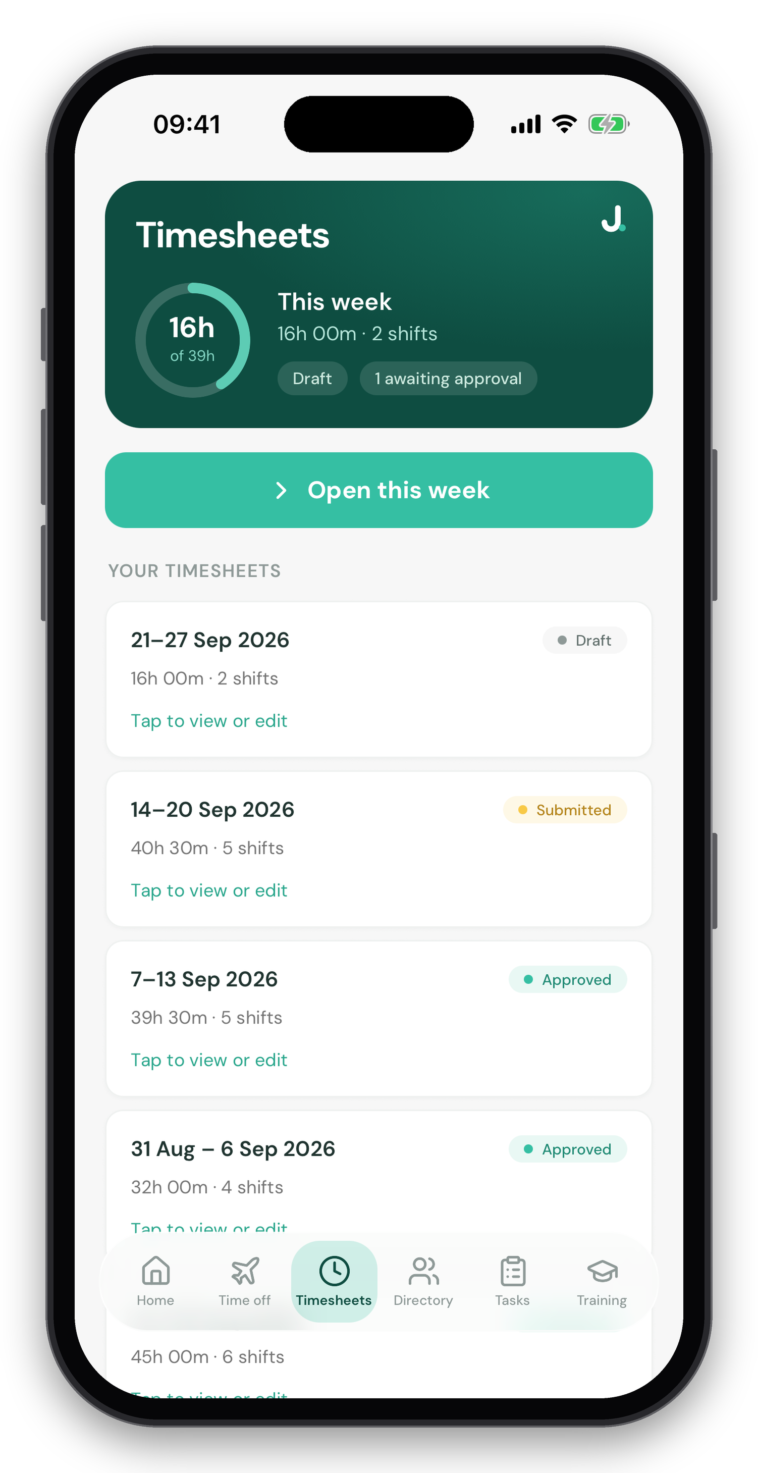 Jamie HR app timesheets list, showing this week at 16 hours of 39 and past weeks marked draft, submitted and approved