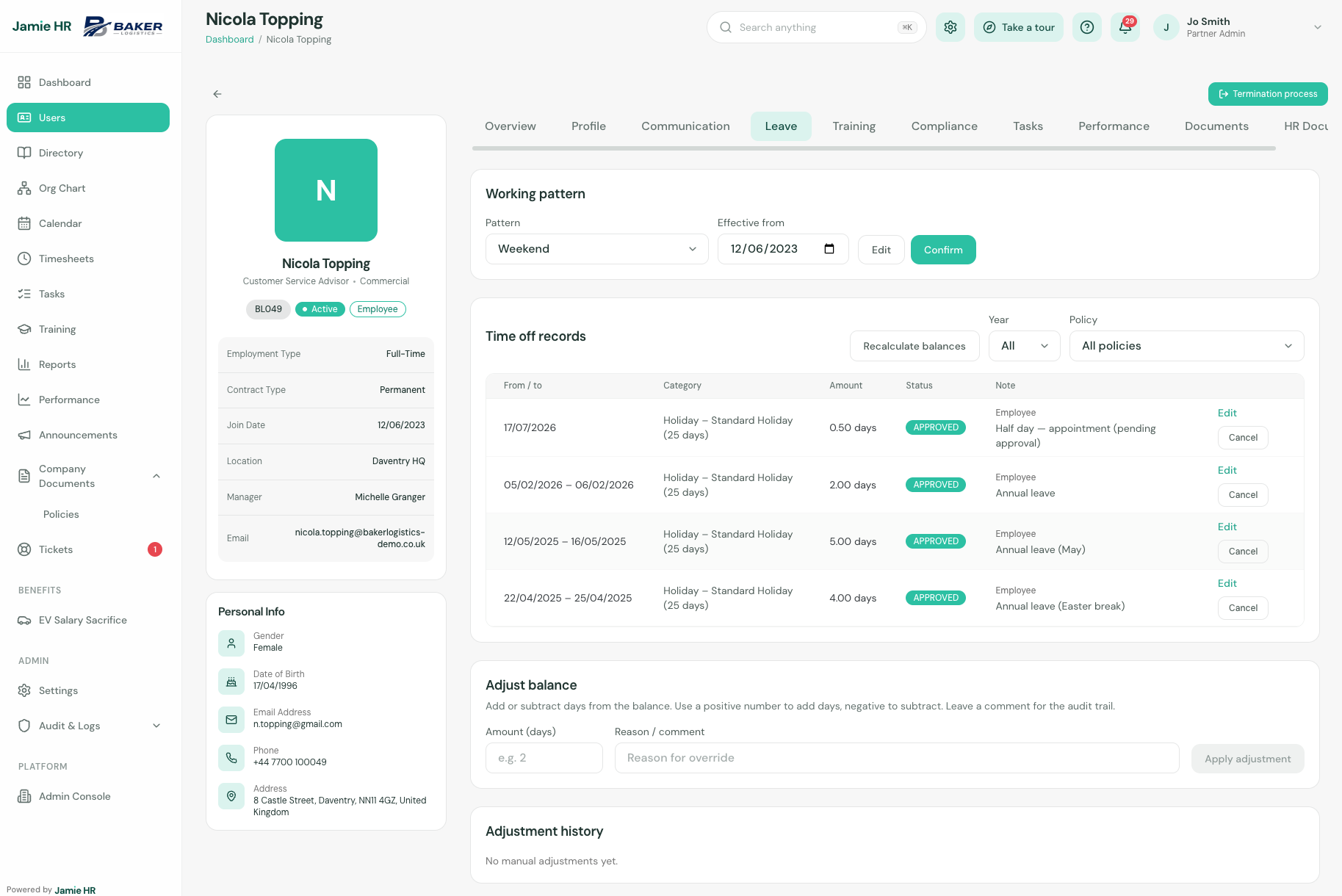 Jamie HR employee leave record, with working pattern, every booking and its status